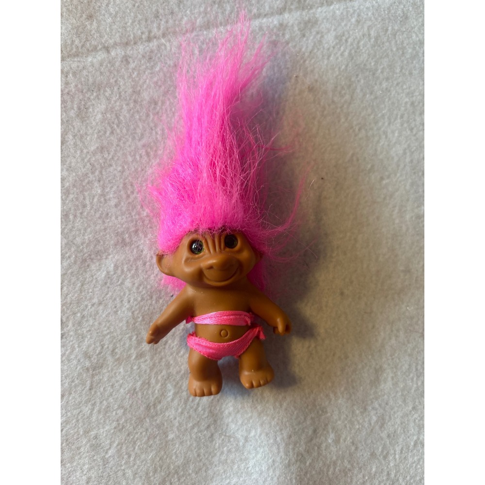 Vintage Mini Troll Doll with Pink Hair and Pink Bikini pant only Green Eyes 5 In